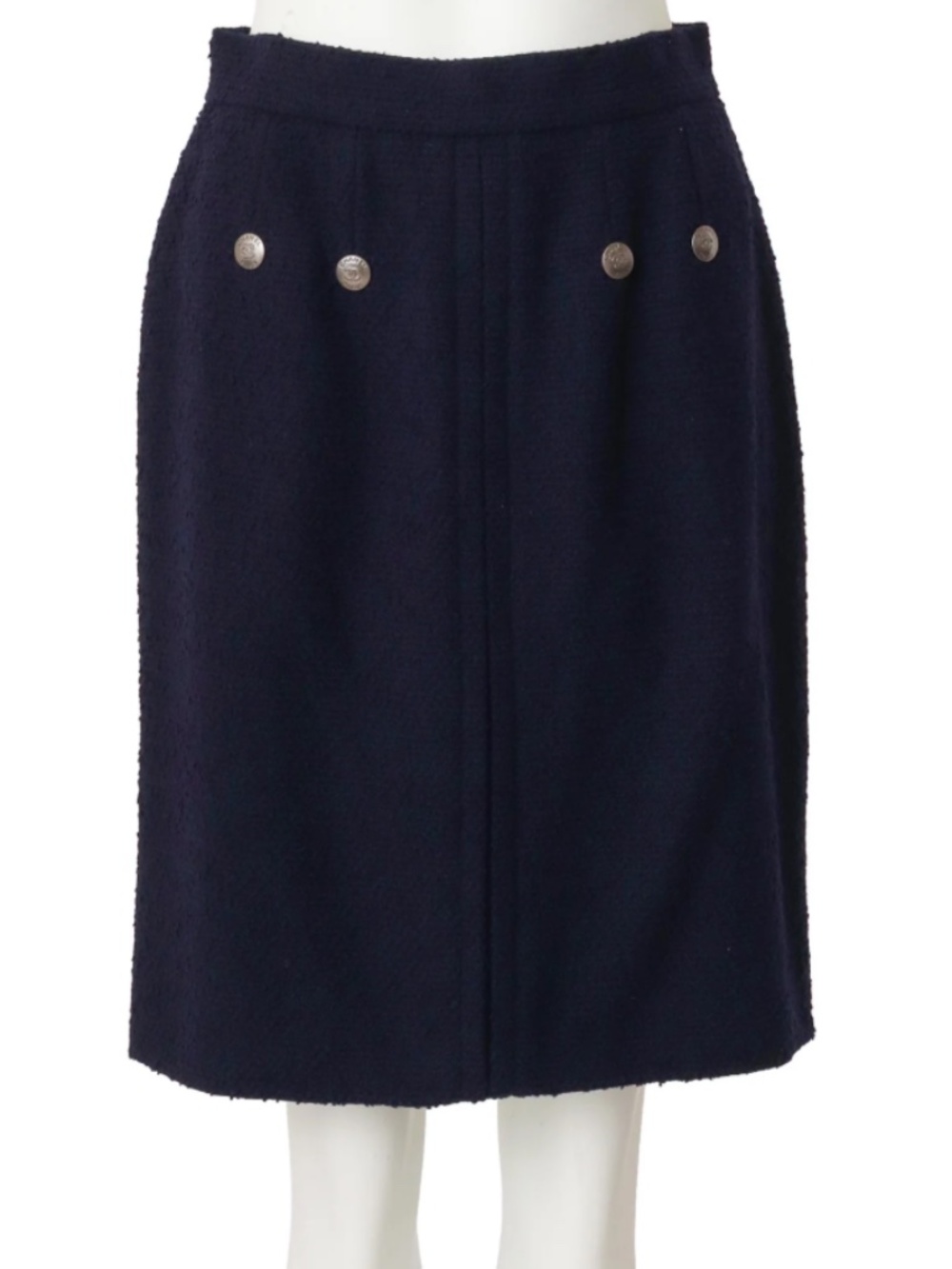 CHANEL Vintage Boucle Navy Blue Pencil Wool Skirt Silver Pewter Buttons 36 1997